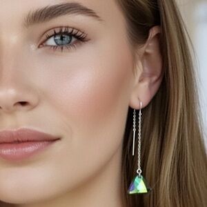 Swarovski Crystal Trillion shape Sterling Silver Chain Threader Earrings